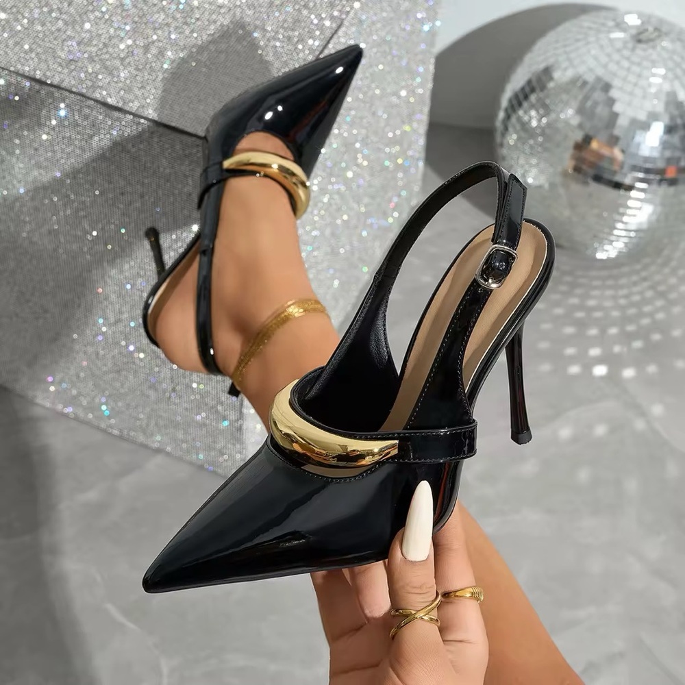 Black Patent Slingback Heels with Gold Accent